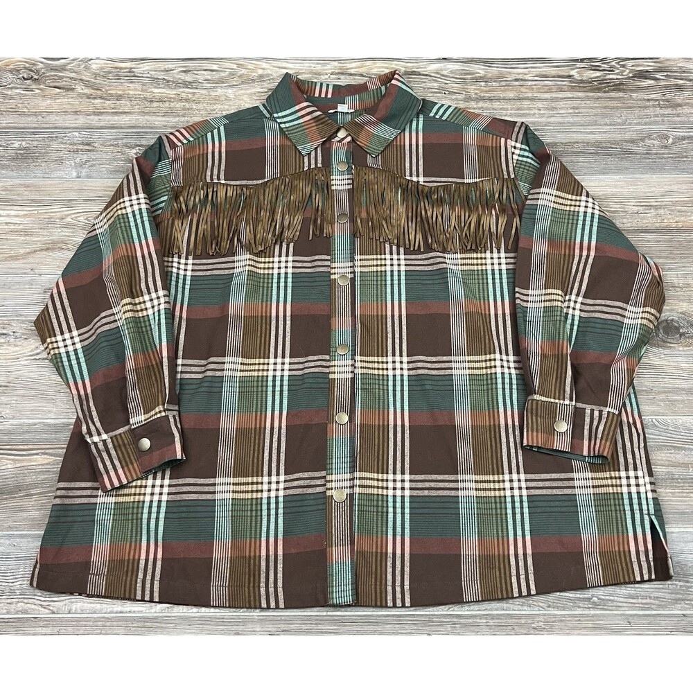 CATO Womens Plus 22/24 Plaid Flannel Shirt With Fringe Western Cowgirl Cabincore